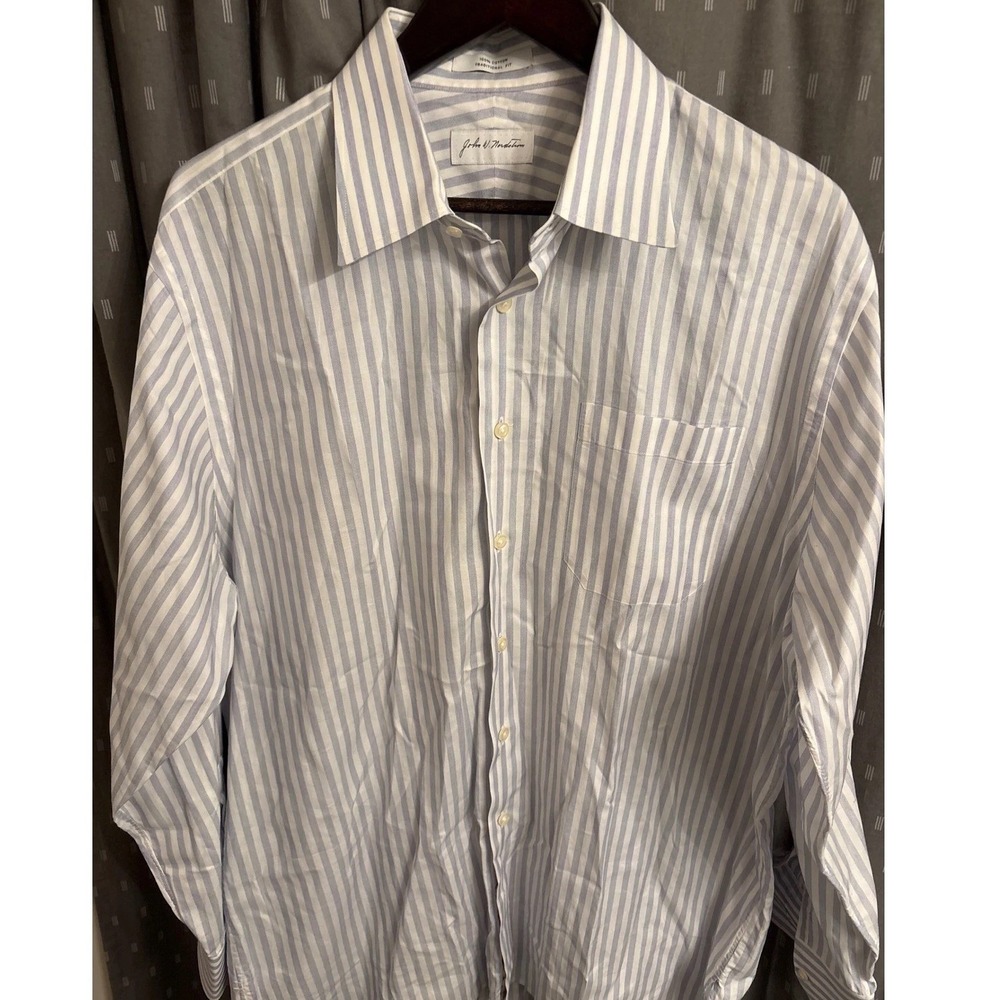 John W Nordstrom Mens Blue White Striped Dress Shirt 16.5 34 Traditional Fit